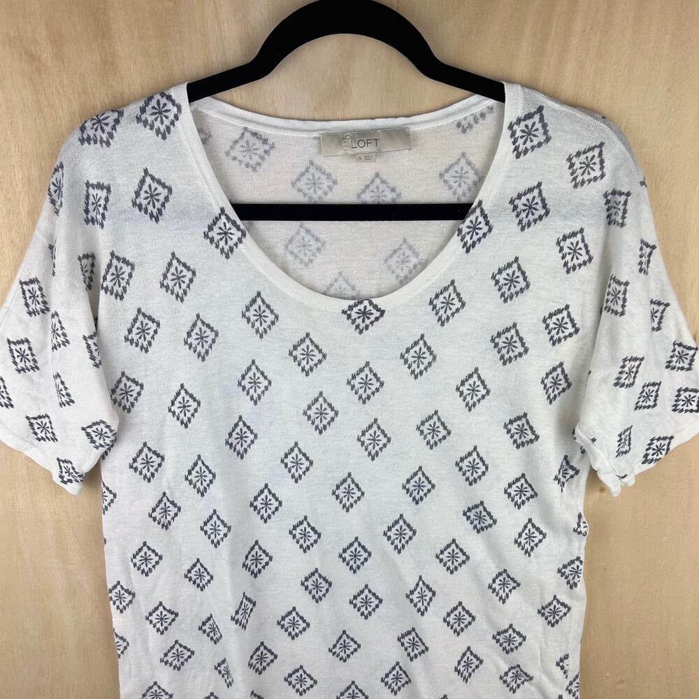 Ann Taylor LOFT White & Gray Patterned Linen Blend Short Sleeve Top (S)‎